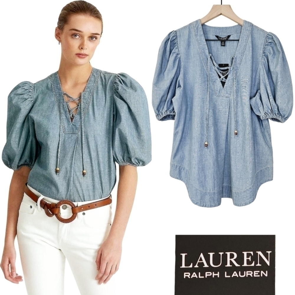 New! LAUREN Ralph Lauren Chambray Puff Sleeve Peasant Lace Up Top